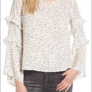 Lush ruffle bell sleeve top white polka dots sz M
